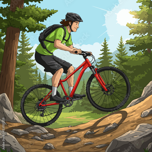 A happy young man riding a mountain bike on a forest trail under the bright sun.