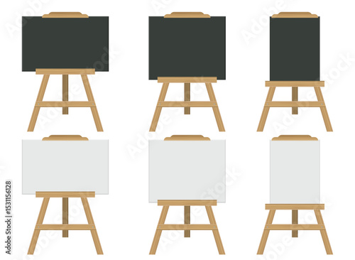 Displays featuring versatile easel stands, suitable for showcasing artwork or promotional materials on either dark or white backgrounds.