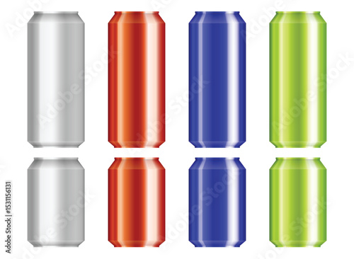 A colorful array of metallic beverage cans in silver, orange, blue, and green hues, showcasing a variety of shades and reflective surfaces.