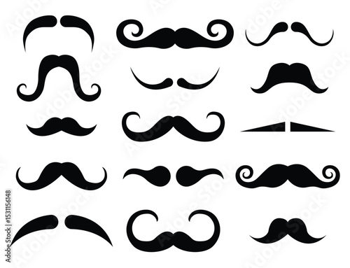 Collection of mustache illustrations showcasing various shapes and styles, ranging from simple curves to elaborate curls, all in solid black.