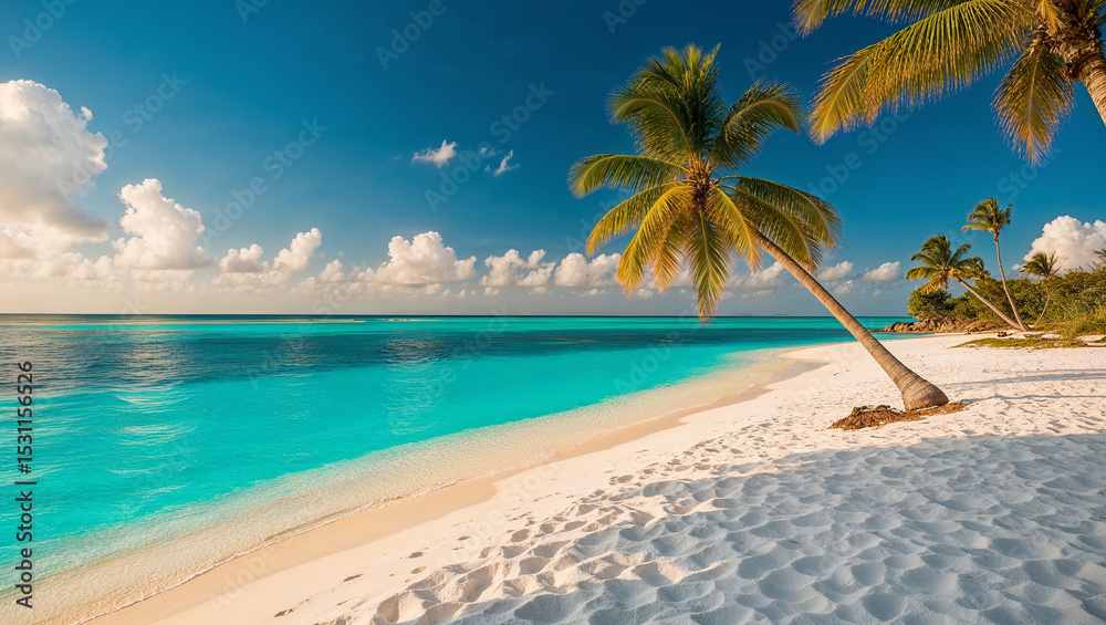 Palm tree leaning over a beautiful white sand beach with turquoise water and blue sky Palm tree leaning over a beautiful white sand beach with turquoise water and blue sky
