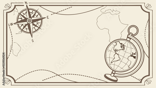 Antique World Map with Compass and Globe, Vintage Travel Background