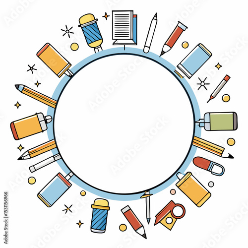 Back to School Vector Design with Colorful Stationery Elements Around a Circular Frame