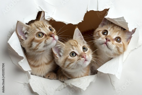 Three Adorable Kittens Peeking Through a Hole in Paper