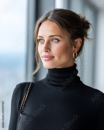 Elegant woman gazes out window