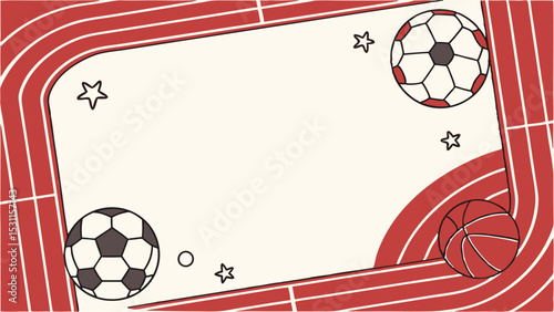 Dynamic sports background with track field, soccer balls, and basketball