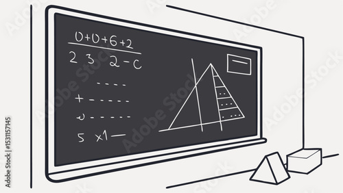 Hand Drawn Math Equations and Geometrical Shapes on Chalkboard in Classroom