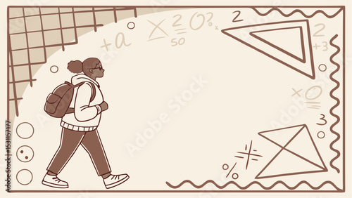 Illustration of a student walking with math equations in background