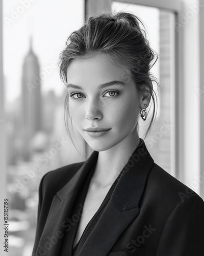 Elegant woman in suit urban backdrop