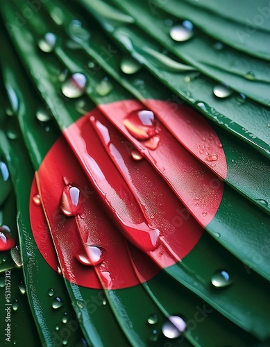 Bangladesh flag dew drops green leaf macro photography