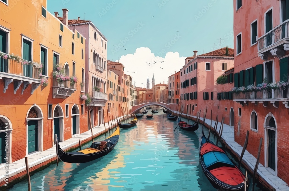 Obraz premium Colorful canals and gondolas in a picturesque Venice neighborhood during a sunny day with clear blue skies