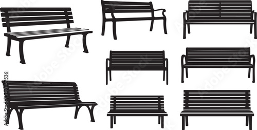 set of black park bench or chairs silhouette isolated