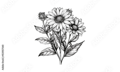 Aster Flower Engraving, floral vector illustration, vintage design, botanical artwork, nature drawing, decorative engraving, flower sketch, hand-drawn art, garden vector.