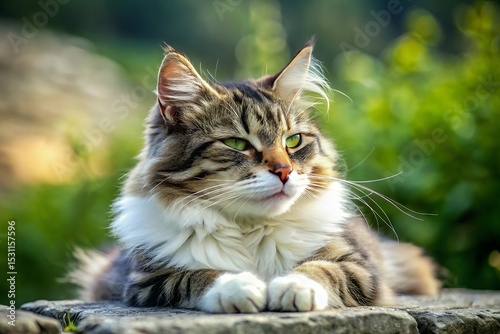 Adorable Fluffy Tabby and White Cat Relaxing Outdoors in the Sunshine