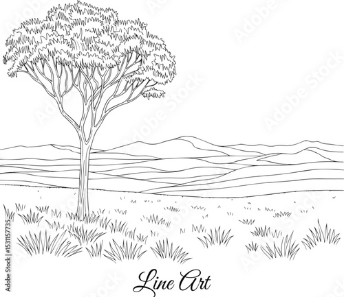 Serene Landscape with Lone Tree Line Art, Serene Landscape