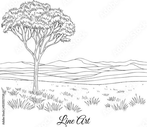 Serene Landscape with Lone Tree Line Art, Serene Landscape