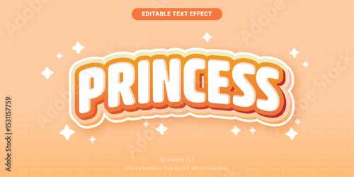 Editable princess text effect in soft orange and white bubble style, perfect for kids and girly theme designs