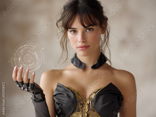 Futuristic woman controls holographic interface with cybernetic arm