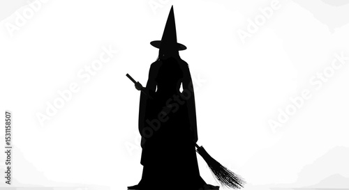 Silhouette of a Witch Holding Wand and Broom, Standing