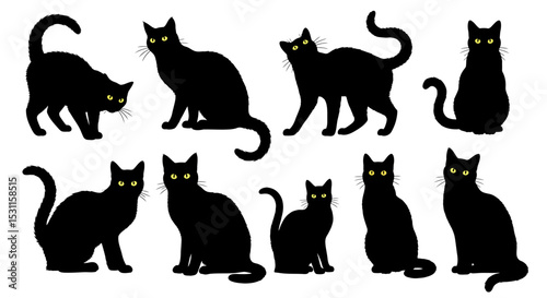 Silhouetted Black Cats in Various Poses with Yellow Eyes