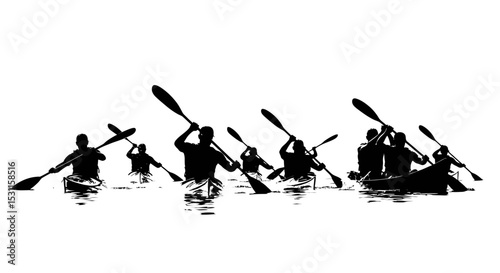 Silhouetted Kayakers Paddling in Water, Engaging in Water Sports