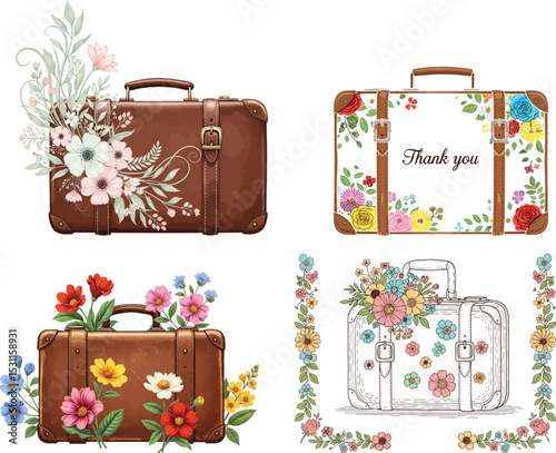 Vintage Suitcase with Floral Illustrations - Travel & Celebration Graphics