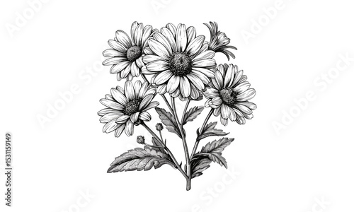 Vintage Aster Flower Engraving, botanical vector, hand-drawn design, floral illustration, antique vector, nature art, classic botanical sketch, garden flowers, detailed vector.