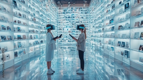 Two Women Immersed in Virtual Reality with Neon Lit Display Walls in a White Interior