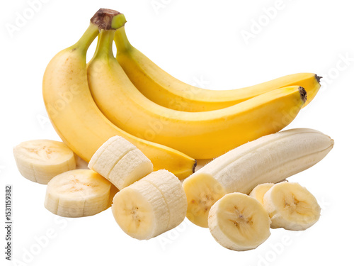 Vibrant, sweet bananas on a transparent background, featuring a bunch of whole bananas, a peeled banana, and several sliced banana pieces