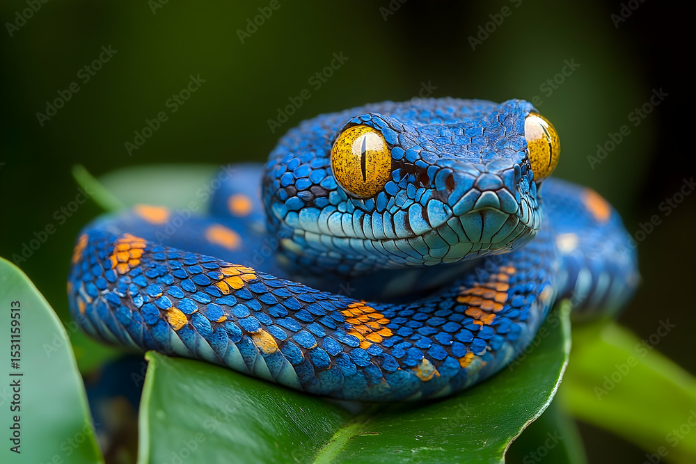 Obraz premium Close-up of a vibrant blue snake with orange spots.