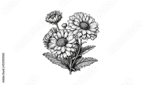 Vintage Aster Flower Vector Illustration, botanical engraving, floral design, hand-drawn artwork, nature vector, detailed flower sketch, antique floral art, garden illustration.