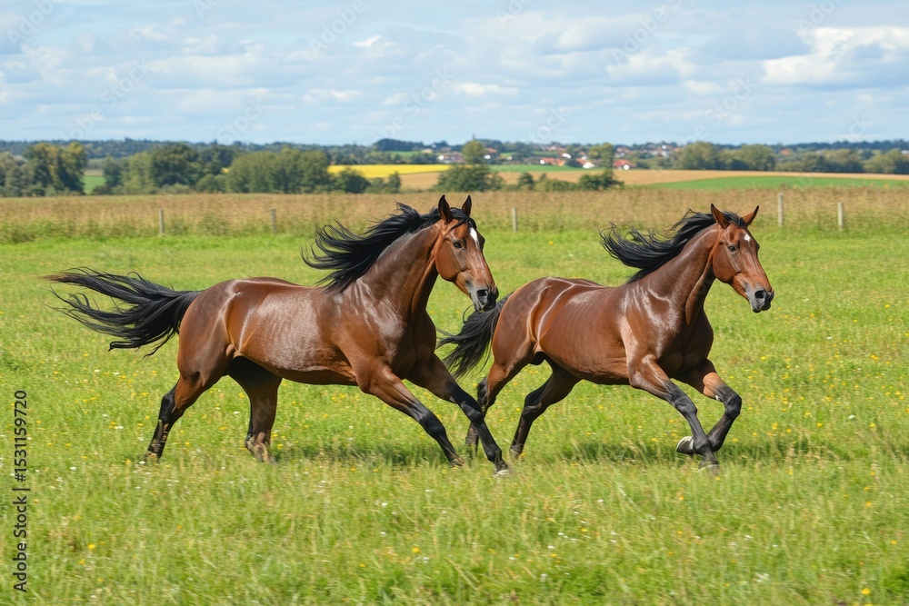 Fototapeta premium Wild horses running freely through open pasture with flowing manes in wind creating dynamic motion against clear horizon. Freedom and natural equine beauty. Wild freedom and pastoral farm life.
