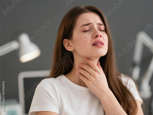 Close-up of a young woman with long brown hair, wearing a white t-shirt, holding her throat in pain against a gray background, concept for health and medical advertisement