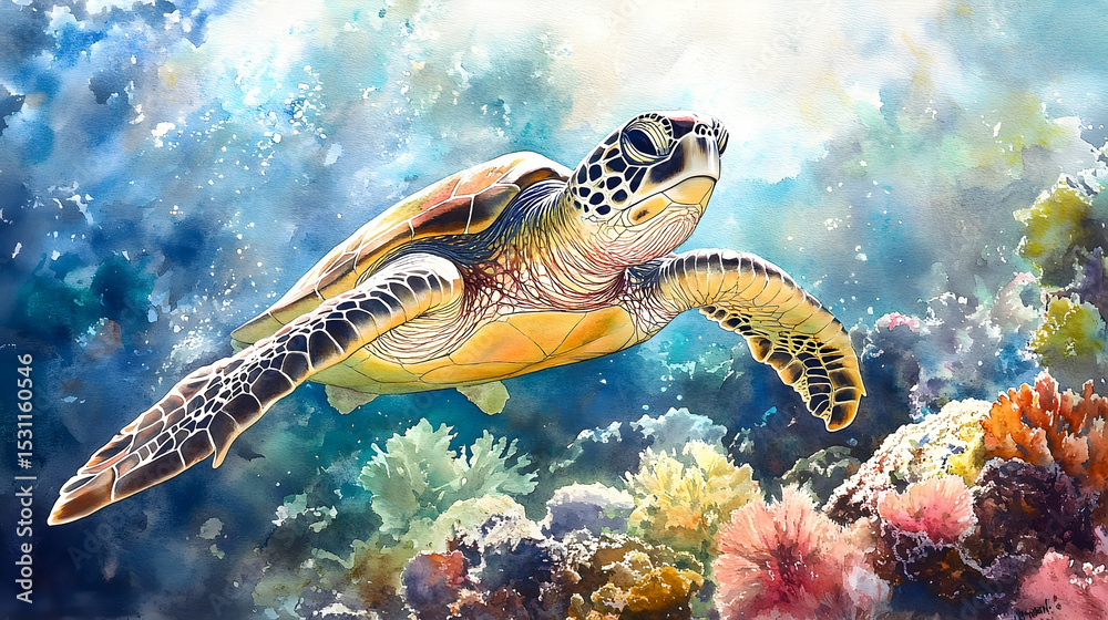 Fototapeta premium Vibrant underwater scene showcasing a sea turtle amidst a coral reef.