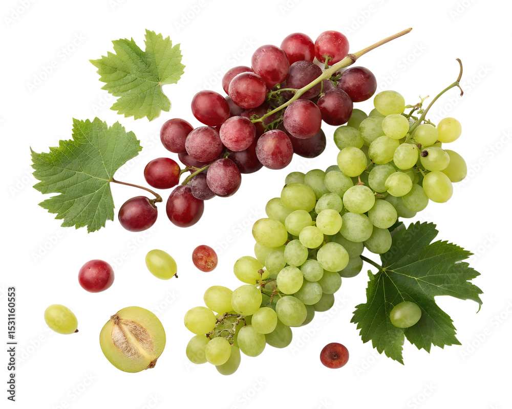 Obraz premium Still life of grape bunches: a mix of green and red grapes with leaves, some loose berries, and a halved grape with a seed, on a transparent background