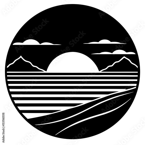 Black silhouette of a tropical sunset with palm trees and a glowing sky. Perfect for summer clipart and promotional visuals.