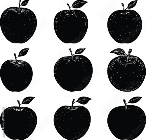 Nine Apples Silhouette: A minimalist, yet evocative black and white illustration showcases nine elegantly designed apple silhouettes, capturing the essence of healthy eating and nature's bounty.