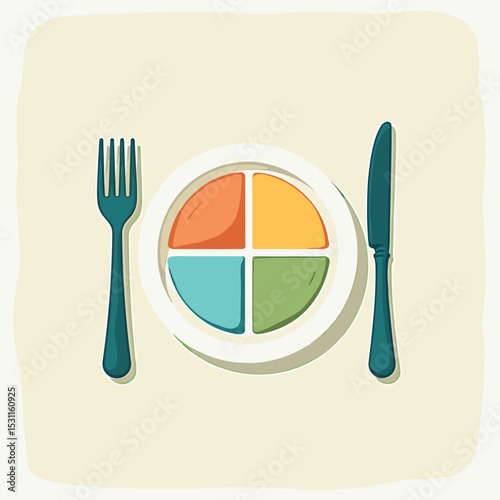 Colorful divided plate with fork and knife on a neutral background  