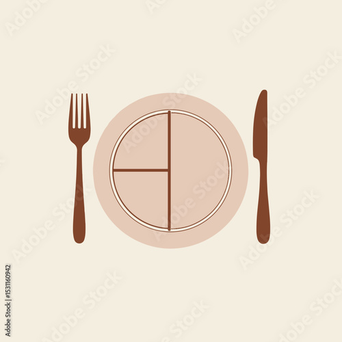 Fork and knife beside divided dinner plate on light background  