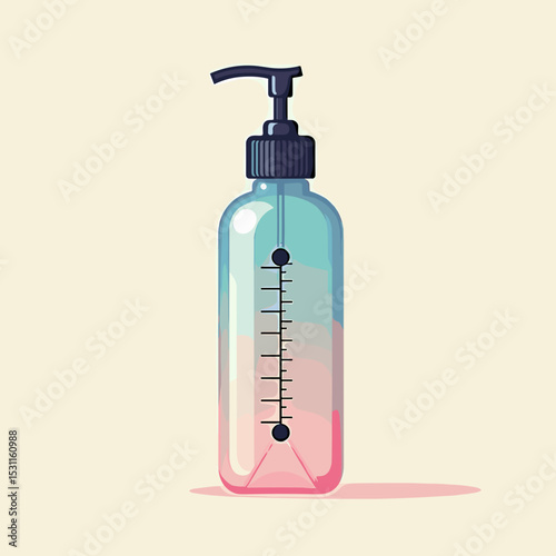 Colorful plastic pump bottle with measurement markings in pastel hues  
