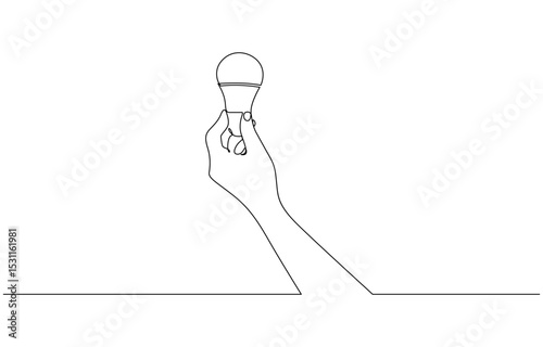 One line drawing of Hand holding a light bulb. Symbol of creativity and invention, Hands with bulb light continuous one line symbol drawing. Energy, idea, creative concept icon in simple style.