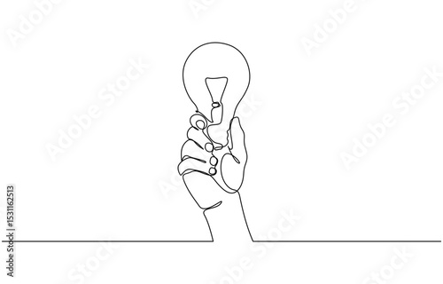 One line drawing of Hand holding a light bulb. Symbol of creativity and invention, Hands with bulb light continuous one line symbol drawing. Energy, idea, creative concept icon in simple style.
