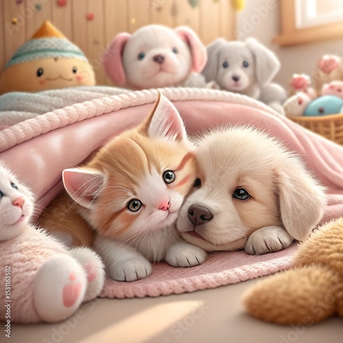 kitten and puppy cuddling art cozy and sweet