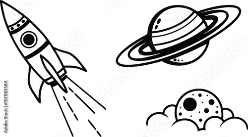 Space Rocket Planet Moon Design Elements for Branding and Logos