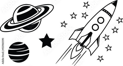 A stylish space rocket design with planets and stars perfect for branding projects and logo creation