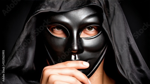 Person wearing a black mask and hood, holding a finger to their lips in a secretive gesture