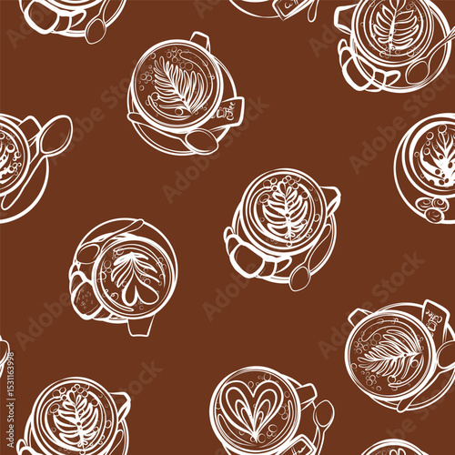 Coffee seamless pattern. Coffee machine, coffee grinder, Turkish coffee, milk frother, filter coffee, French press. Line art. Hand drawn vector clip art.