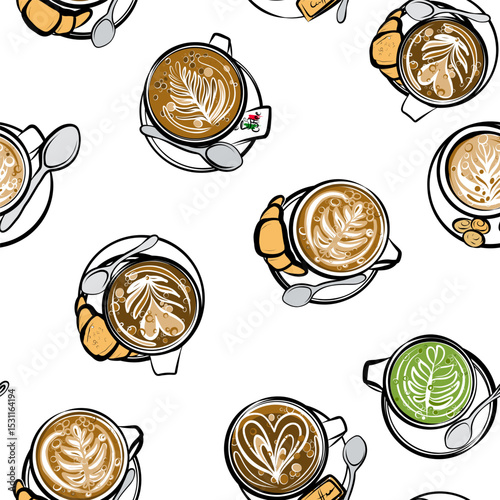 Coffee seamless pattern. Coffee machine, coffee grinder, Turkish coffee, milk frother, filter coffee, French press. Line art. Hand drawn vector clip art.