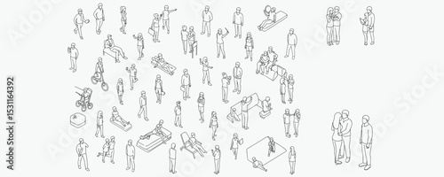Isometric vector illustration of people in diverse activities, walking, sitting, biking, relaxing, talking, using devices, urban lifestyle, casual scenes, minimal modern design