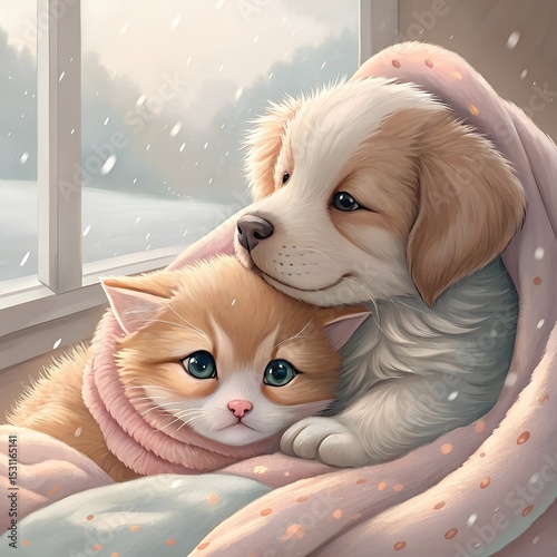 kitten and puppy cuddling art cozy and sweet